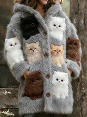 Damen Tier Katze Print Flanell Warme Jacke