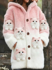 Damen Tier Katze Print Flanell Warme Jacke