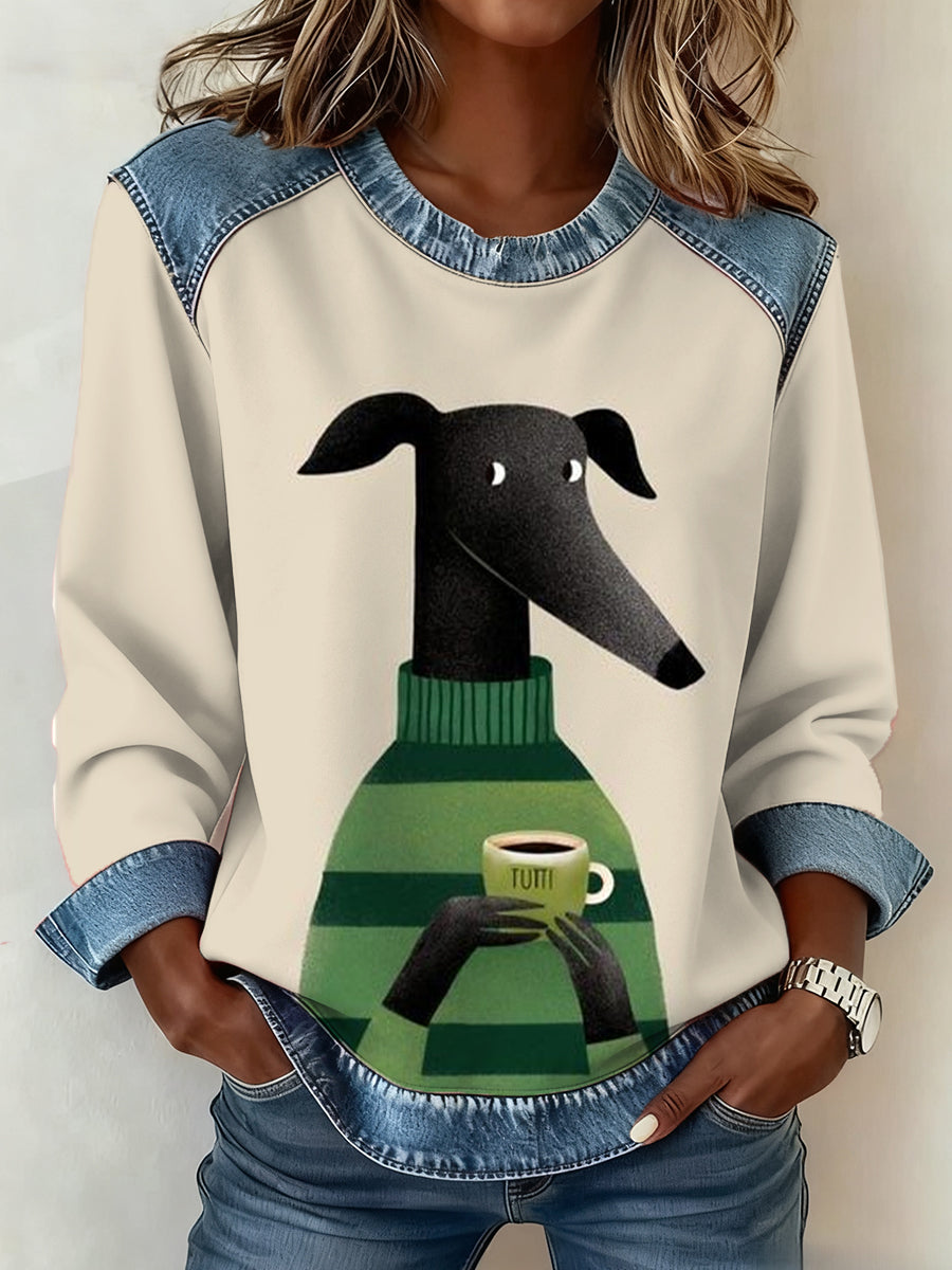 Damen Hund Kaffee Kunst Denim Patchwork Top