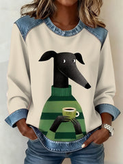 Damen Hund Kaffee Kunst Denim Patchwork Top