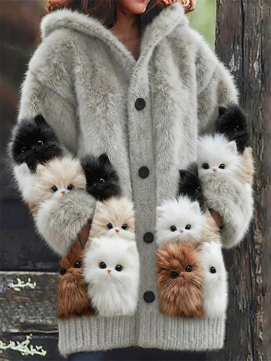 Damen-Flanell-Katzen-Print-Mäntel