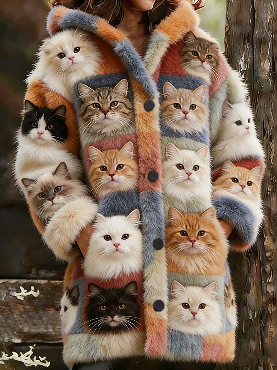 Damen-Flanell-Katzen-Print-Mäntel