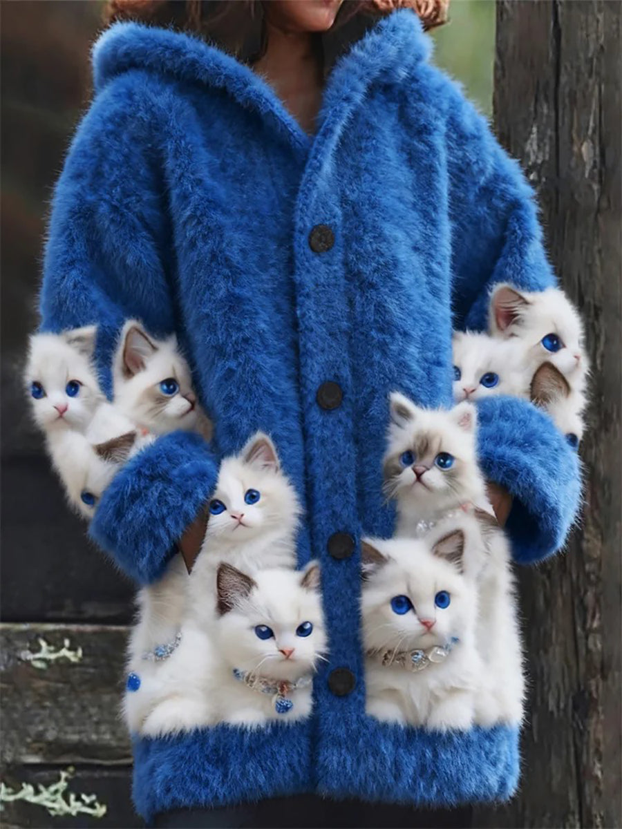 Damen-Flanell-Katzen-Print-Mäntel