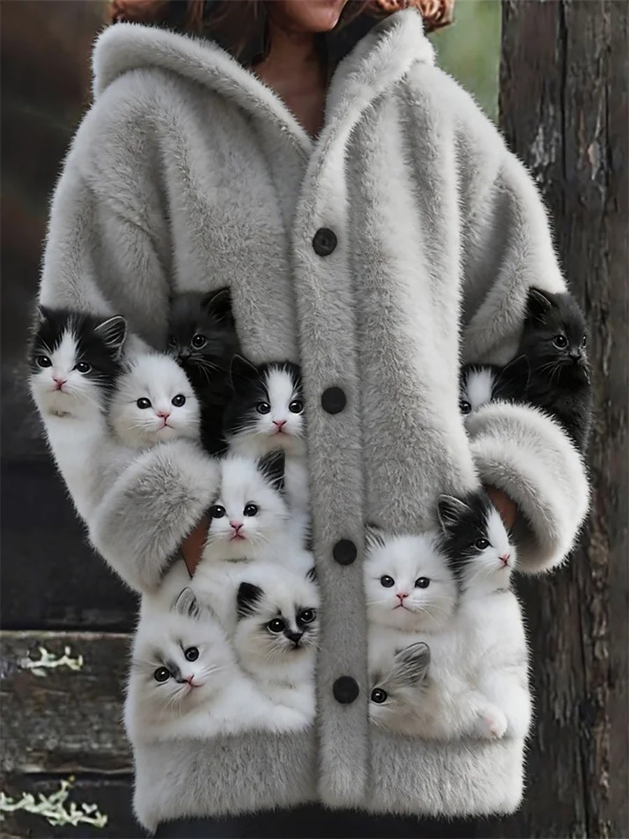 Damen Flanell niedliche Katzen-Print-Mäntel