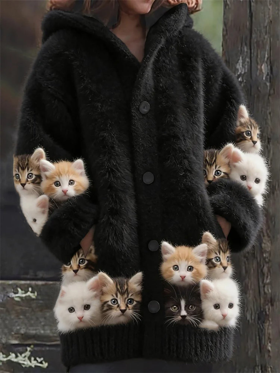 Damen Flanell niedliche Katzen-Print-Mäntel