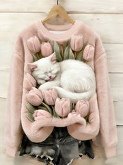 Damen-Sweatshirt mit süßem Blumen-Katzen-Flanell