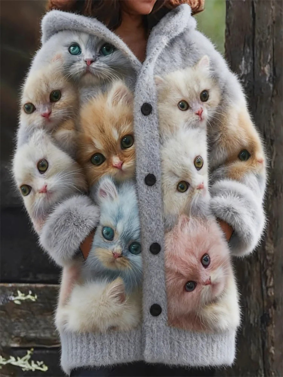 Damen Flanell niedliche Katzen-Print-Mäntel