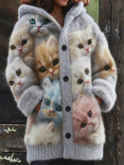 Damen Flanell niedliche Katzen-Print-Mäntel
