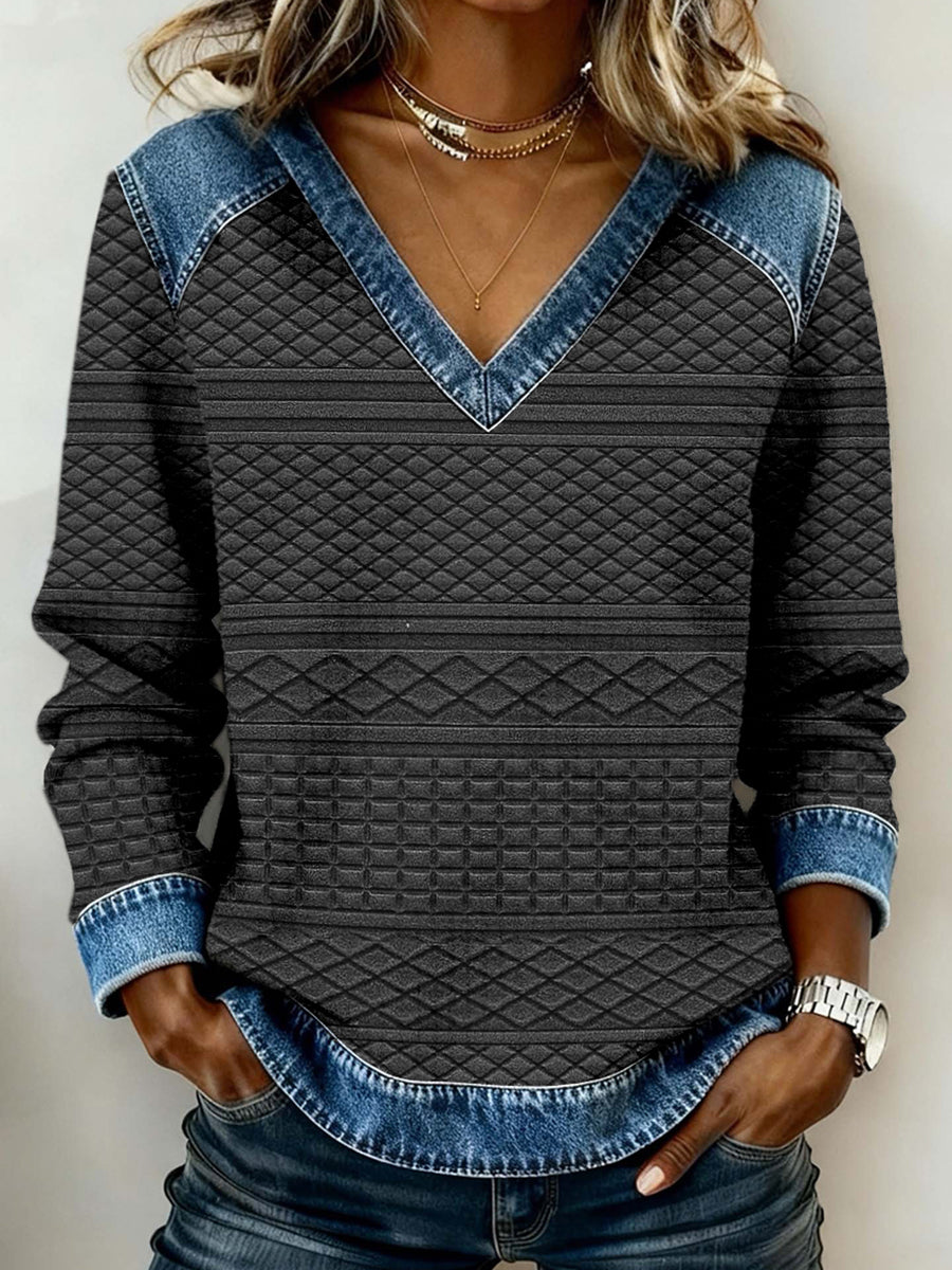 Jeans-Patchwork-Top mit V-Ausschnitt für Damen mit geometrischem Muster