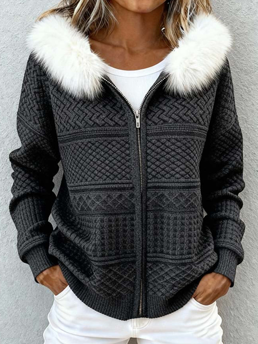 Damen-Vintage-Strickjacke mit geometrischem Muster mit Kapuze