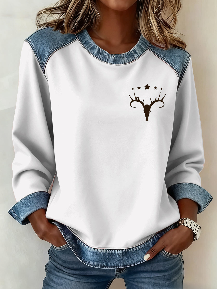 Frauen Westliches Muster Patchwork Kunst Sweatshirt