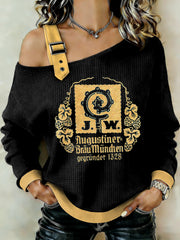 Damen Bier liebhaber Patchwork Print lässig schulter freies Sweatshirt